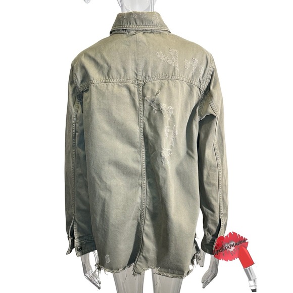 Free People Moonchild Military Shacket Med Green Denim Shirt Jacket Distressed - Picture 2 of 16